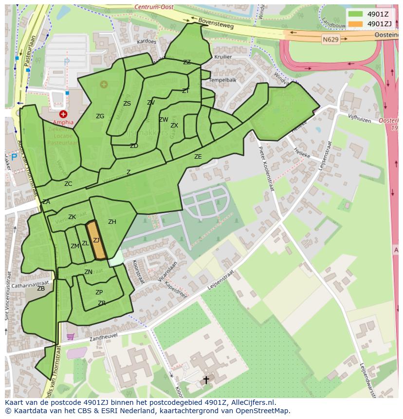 Afbeelding van het postcodegebied 4901 ZJ op de kaart.
