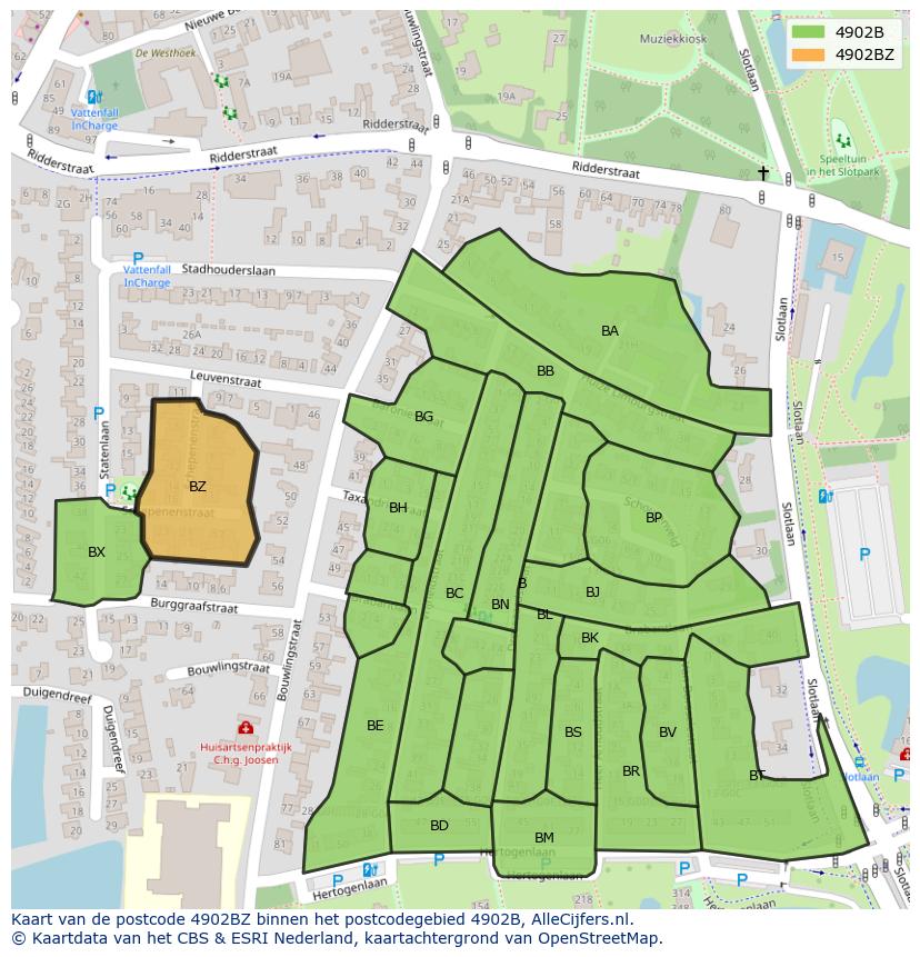 Afbeelding van het postcodegebied 4902 BZ op de kaart.