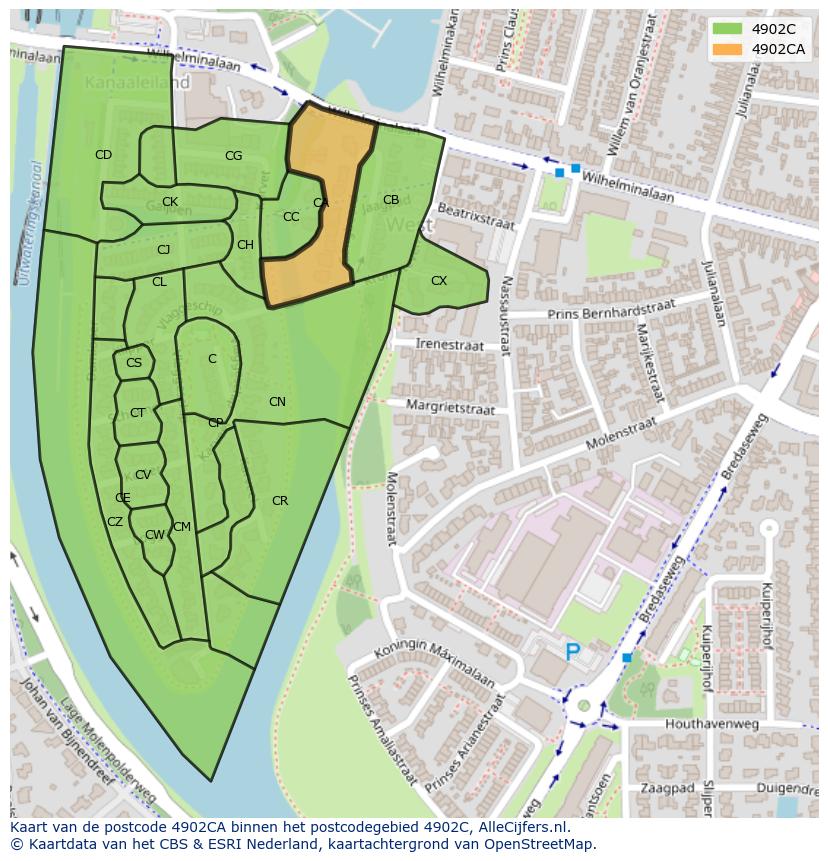 Afbeelding van het postcodegebied 4902 CA op de kaart.