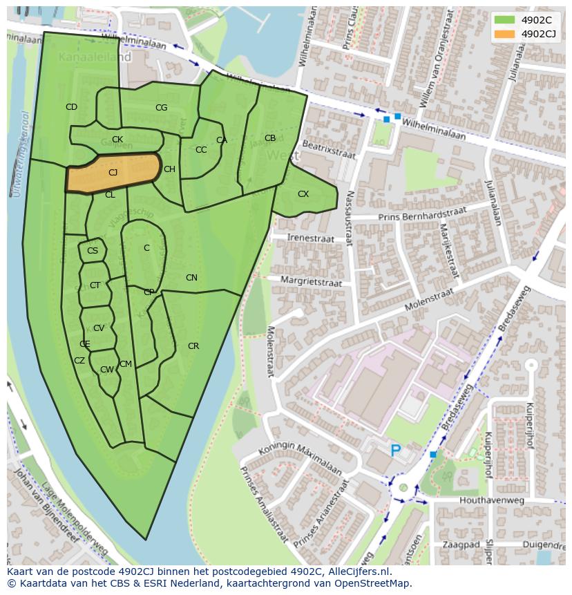 Afbeelding van het postcodegebied 4902 CJ op de kaart.