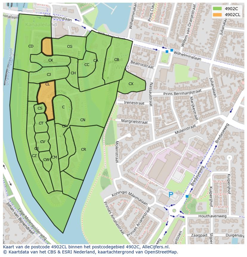 Afbeelding van het postcodegebied 4902 CL op de kaart.