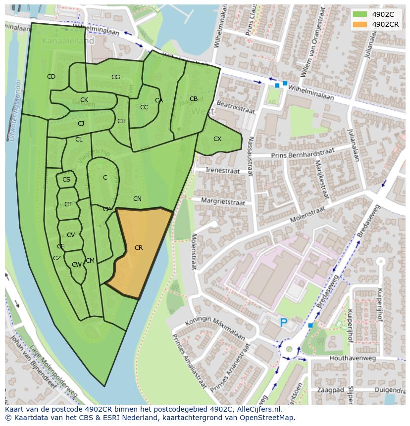 Afbeelding van het postcodegebied 4902 CR op de kaart.