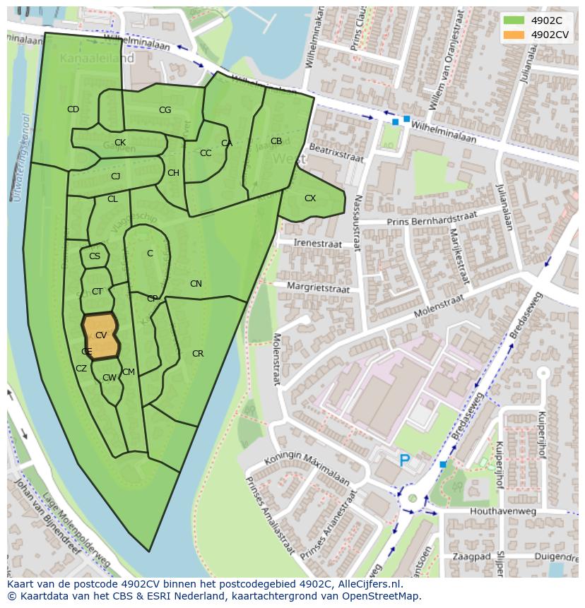 Afbeelding van het postcodegebied 4902 CV op de kaart.