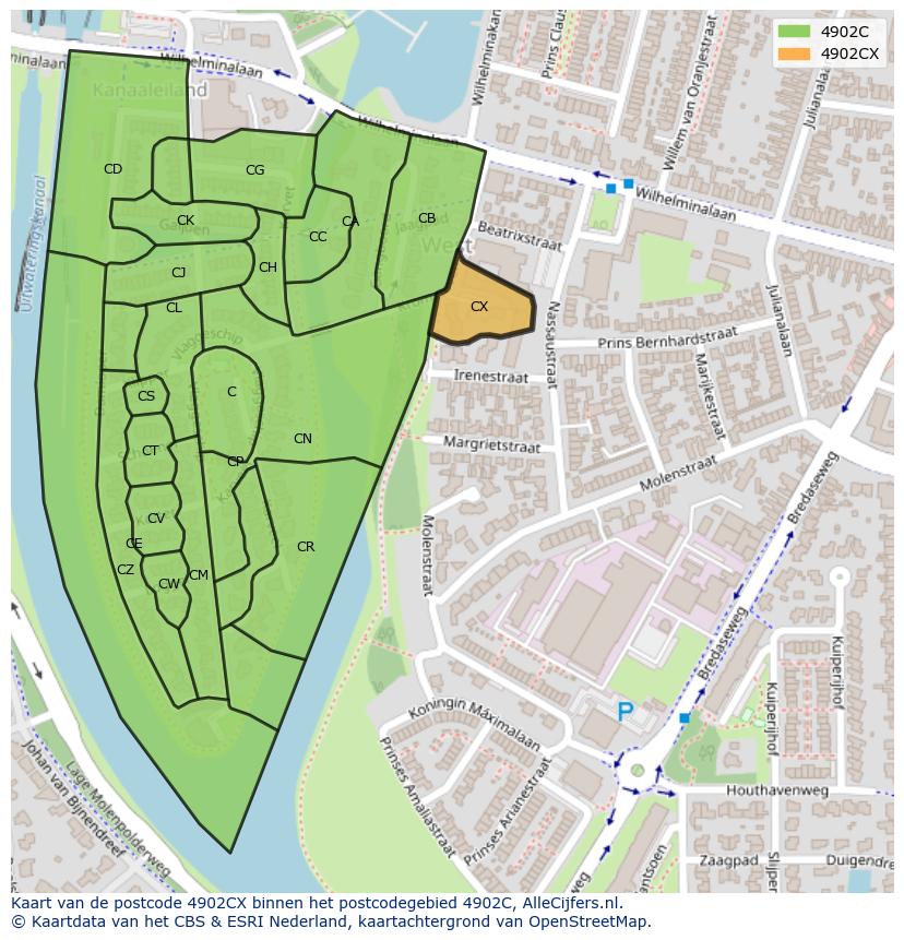 Afbeelding van het postcodegebied 4902 CX op de kaart.
