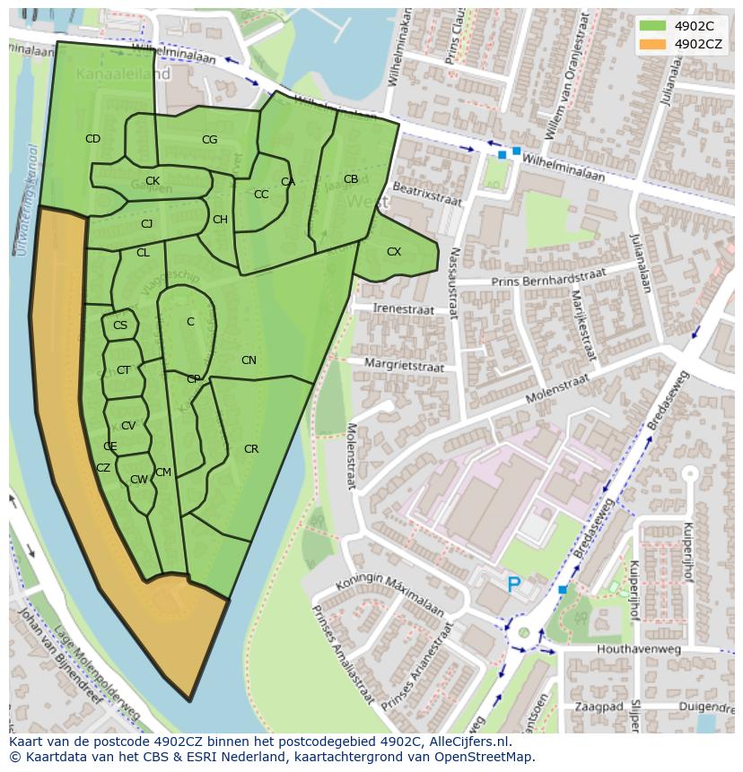 Afbeelding van het postcodegebied 4902 CZ op de kaart.