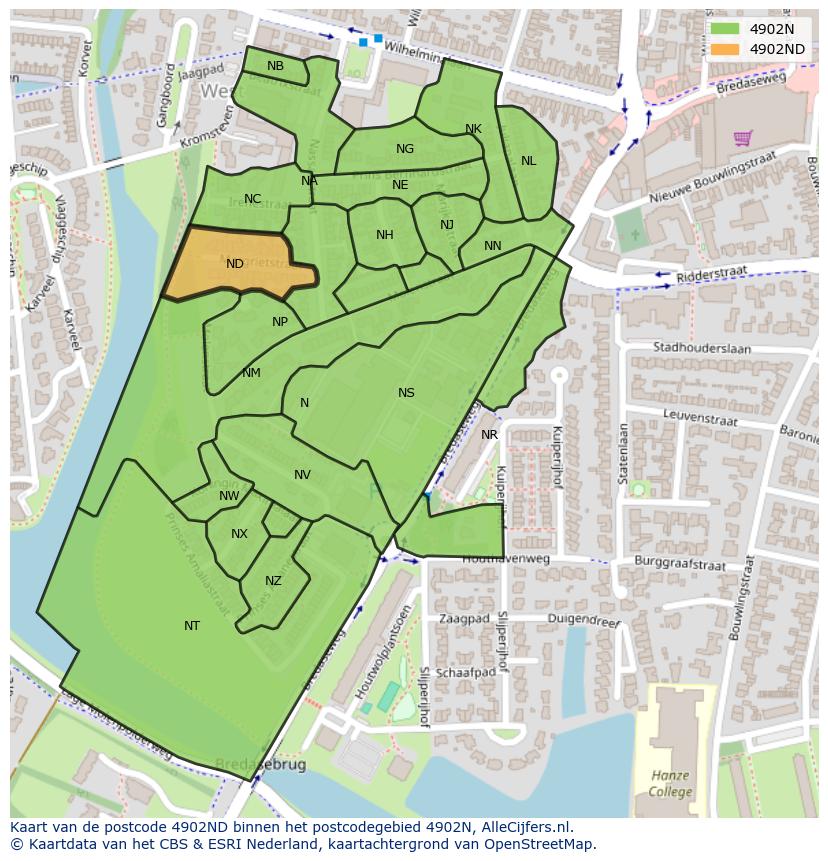 Afbeelding van het postcodegebied 4902 ND op de kaart.