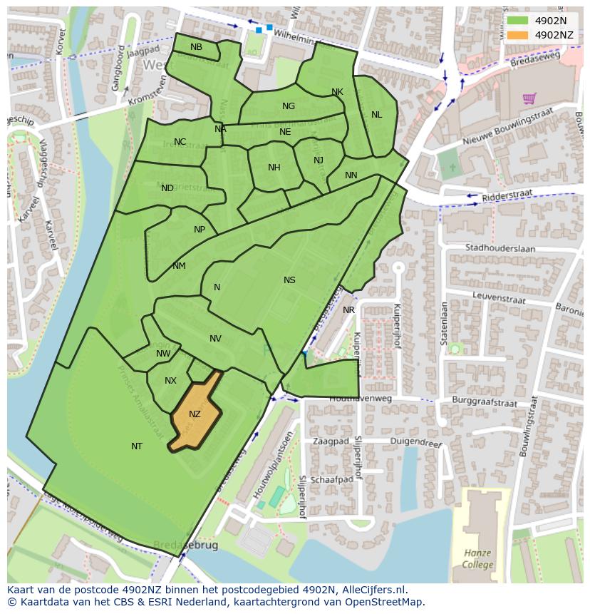 Afbeelding van het postcodegebied 4902 NZ op de kaart.