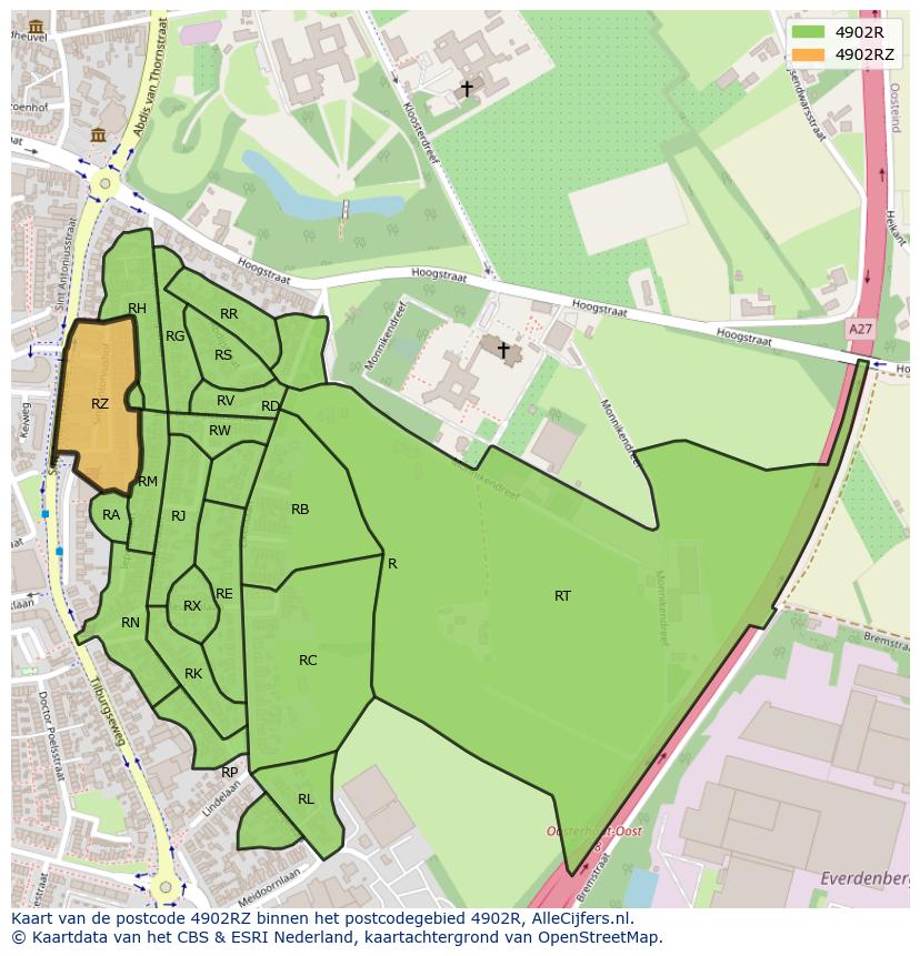 Afbeelding van het postcodegebied 4902 RZ op de kaart.