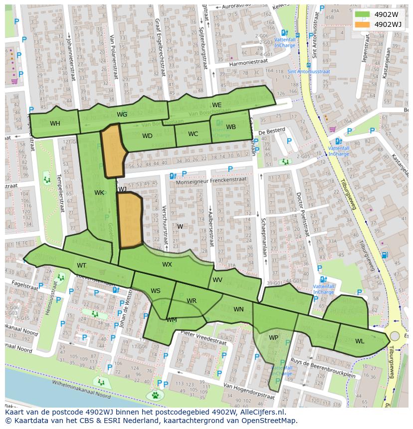 Afbeelding van het postcodegebied 4902 WJ op de kaart.