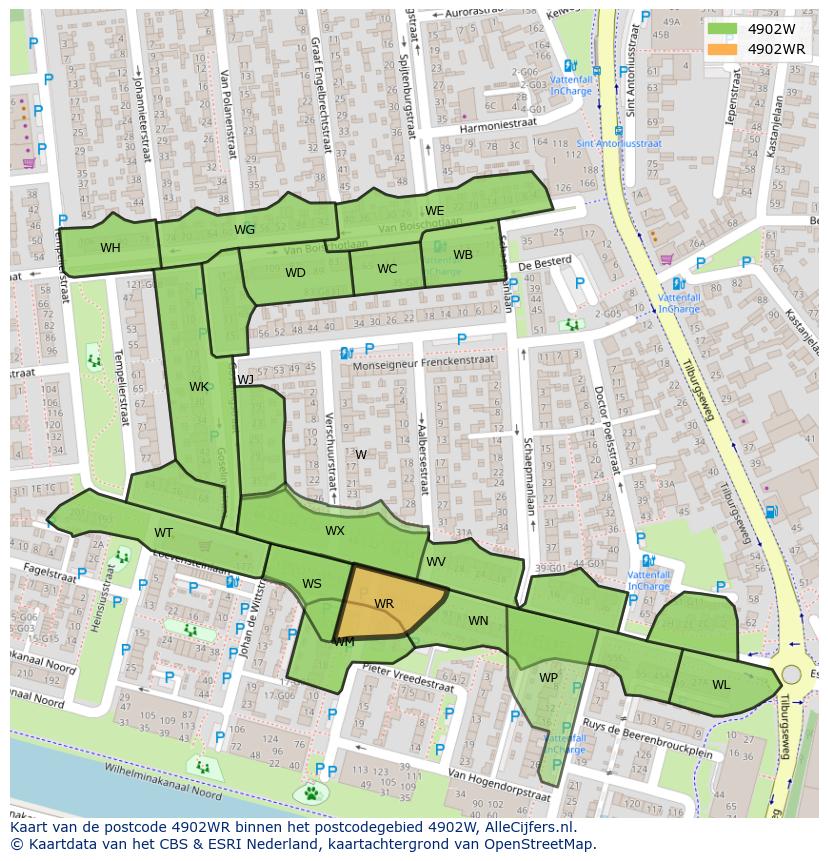 Afbeelding van het postcodegebied 4902 WR op de kaart.