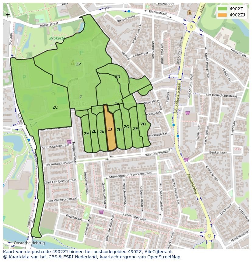 Afbeelding van het postcodegebied 4902 ZJ op de kaart.