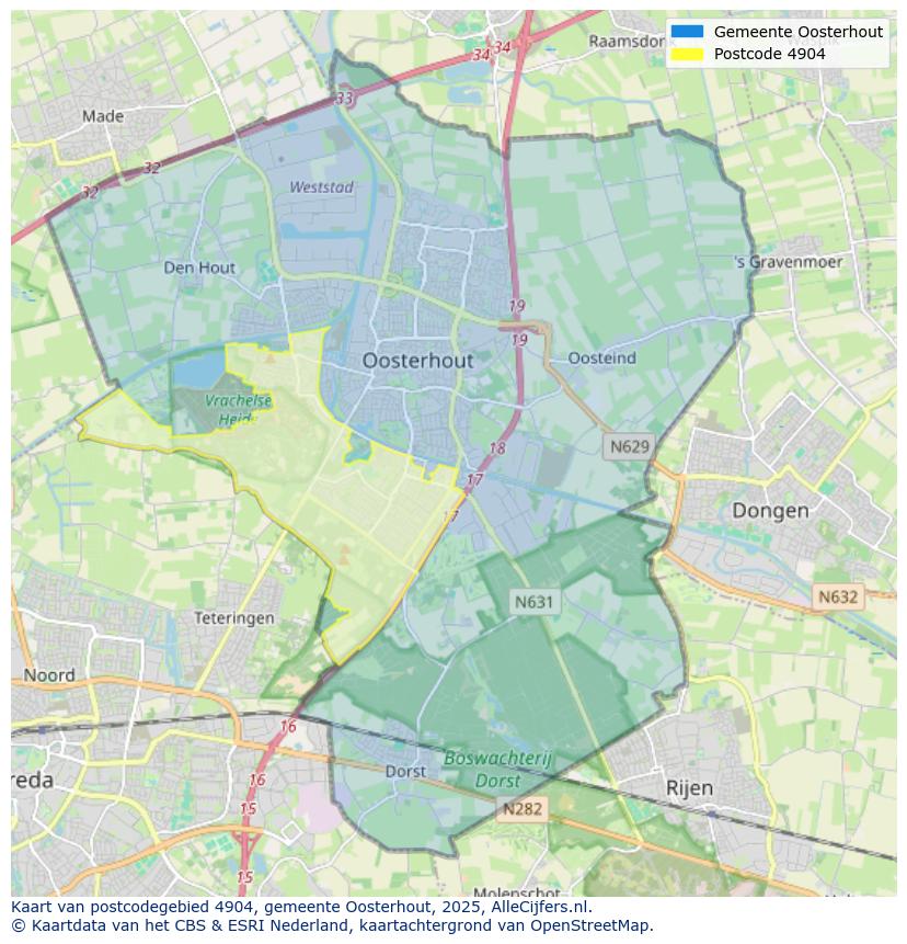 Afbeelding van het postcodegebied 4904 op de kaart.