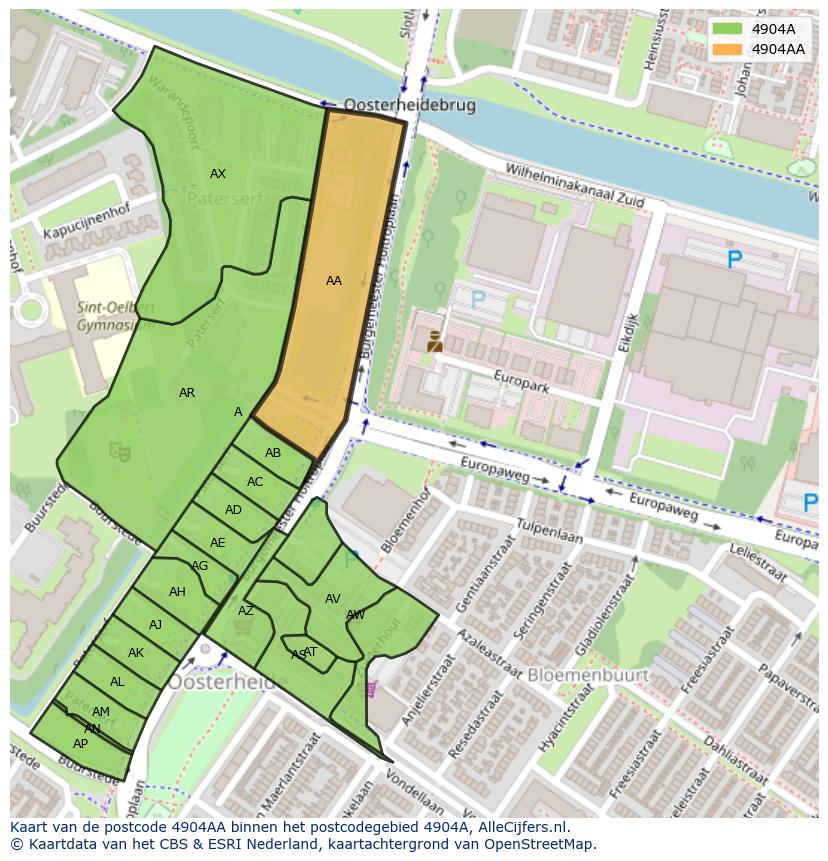 Afbeelding van het postcodegebied 4904 AA op de kaart.