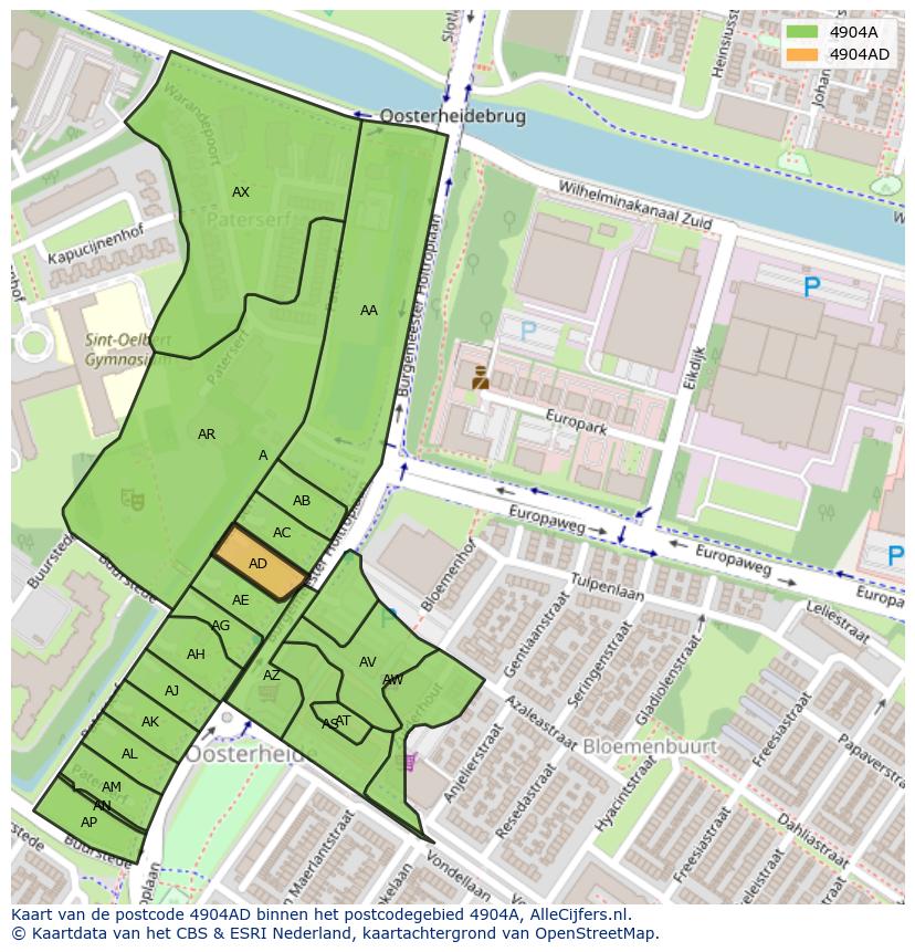 Afbeelding van het postcodegebied 4904 AD op de kaart.