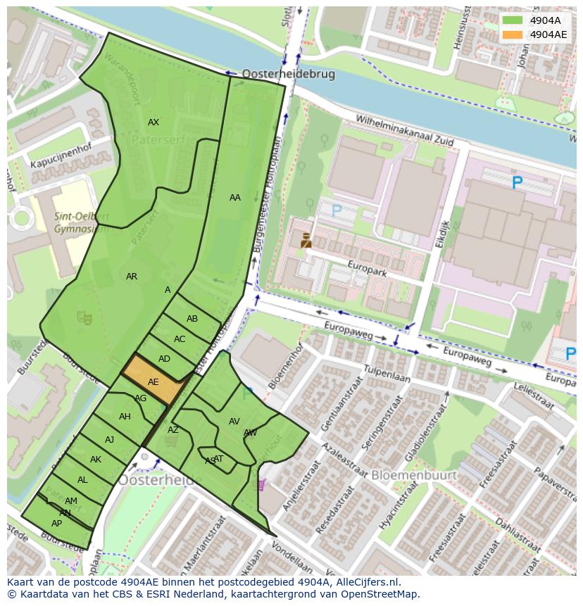 Afbeelding van het postcodegebied 4904 AE op de kaart.