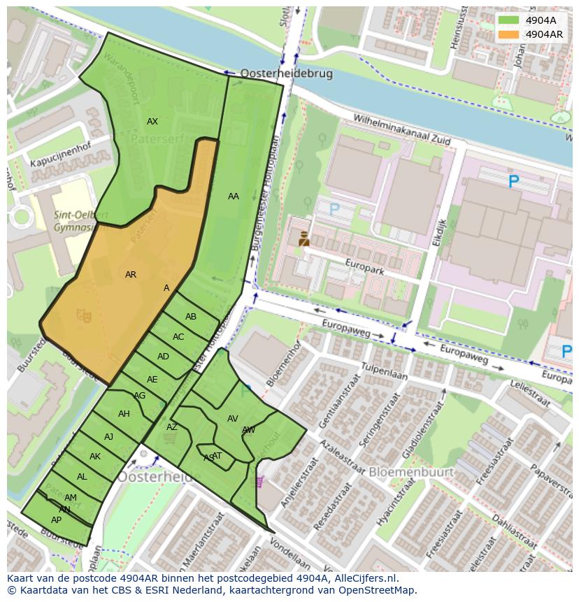 Afbeelding van het postcodegebied 4904 AR op de kaart.