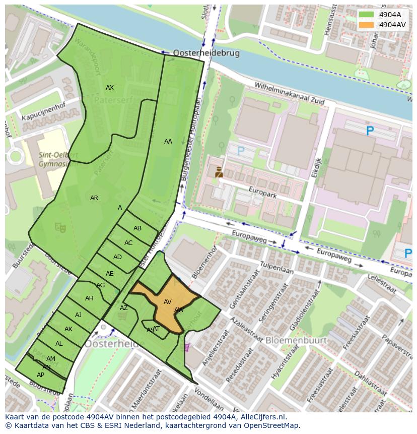 Afbeelding van het postcodegebied 4904 AV op de kaart.