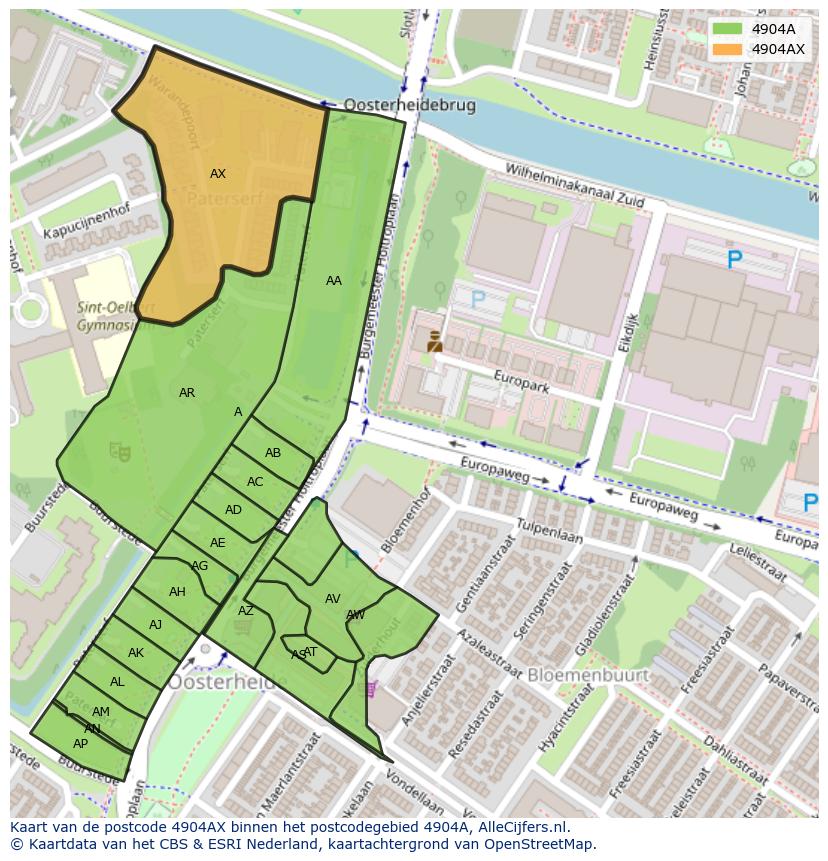 Afbeelding van het postcodegebied 4904 AX op de kaart.