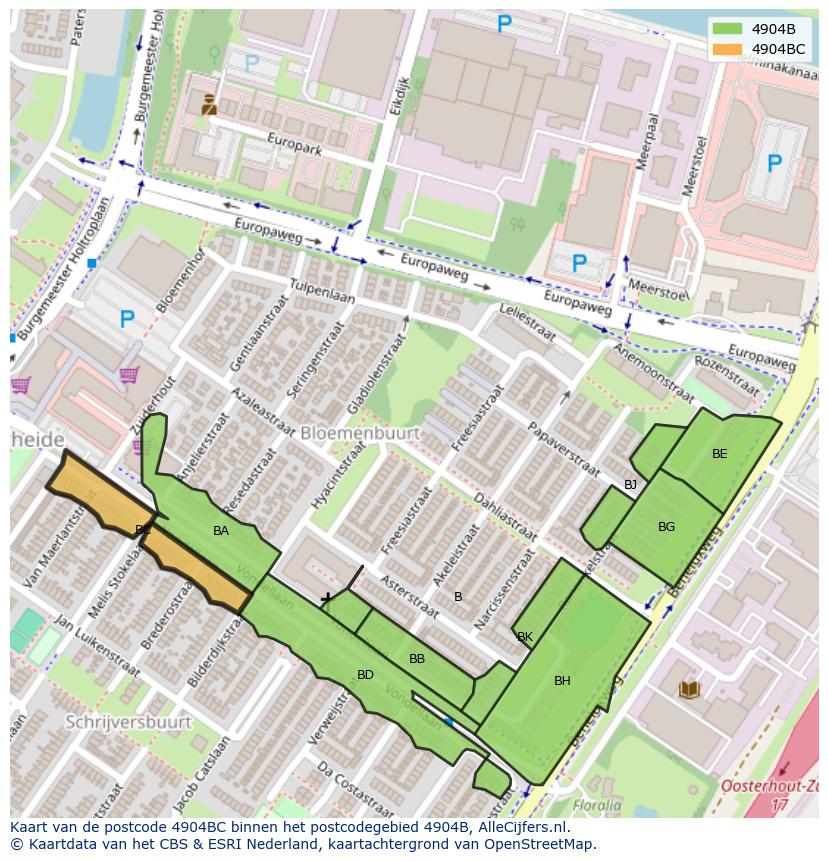 Afbeelding van het postcodegebied 4904 BC op de kaart.