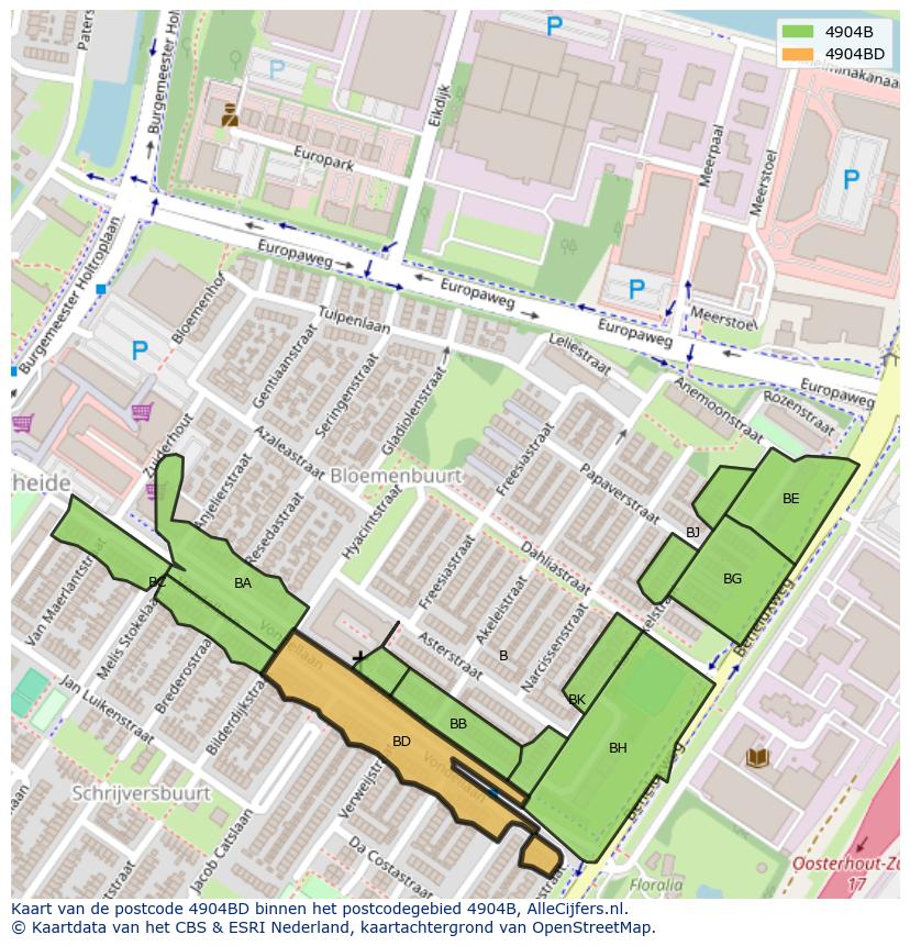 Afbeelding van het postcodegebied 4904 BD op de kaart.