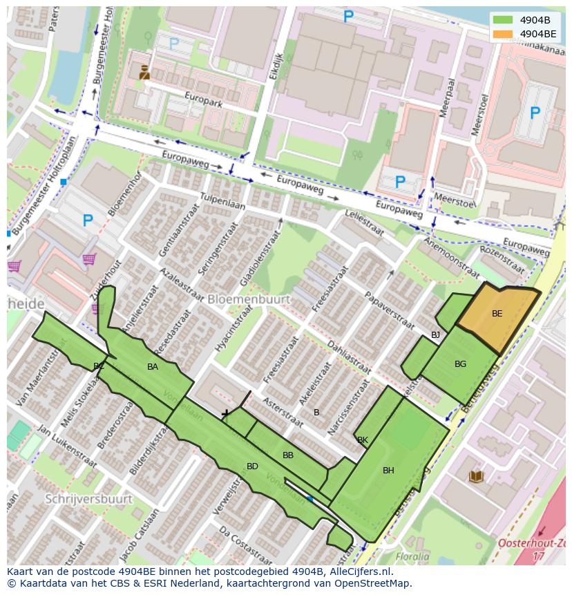 Afbeelding van het postcodegebied 4904 BE op de kaart.