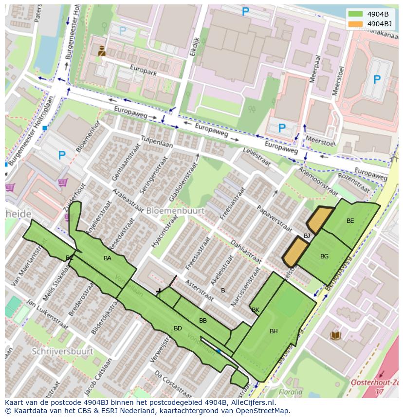 Afbeelding van het postcodegebied 4904 BJ op de kaart.