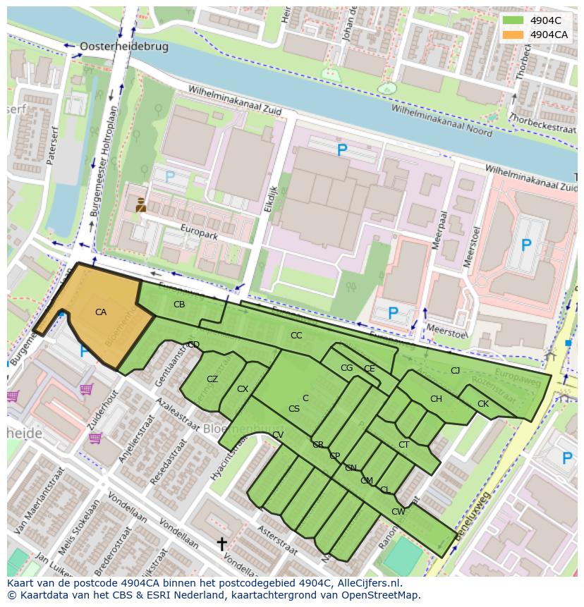 Afbeelding van het postcodegebied 4904 CA op de kaart.