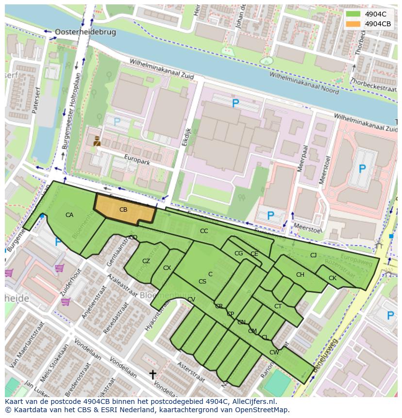 Afbeelding van het postcodegebied 4904 CB op de kaart.
