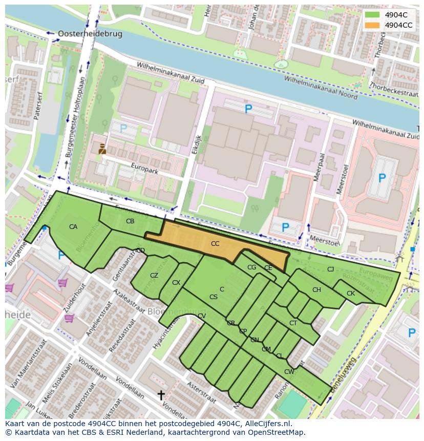 Afbeelding van het postcodegebied 4904 CC op de kaart.