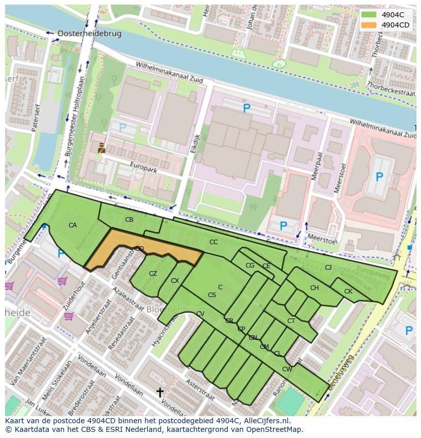 Afbeelding van het postcodegebied 4904 CD op de kaart.