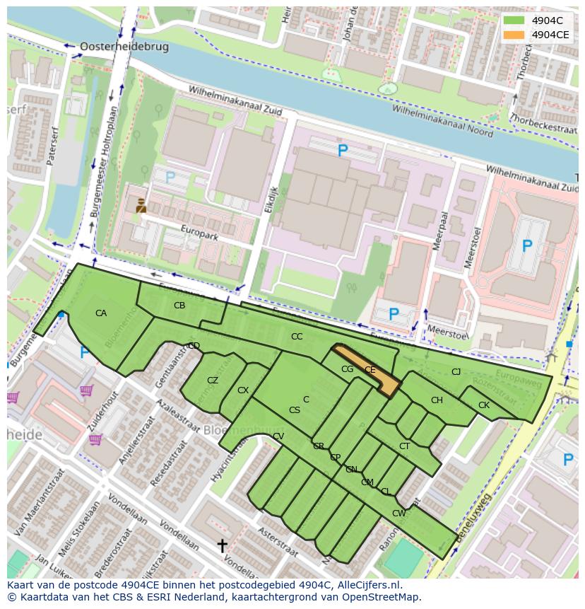 Afbeelding van het postcodegebied 4904 CE op de kaart.