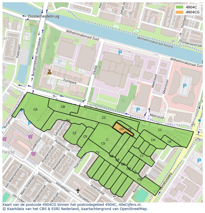 Afbeelding van het postcodegebied 4904 CG op de kaart.