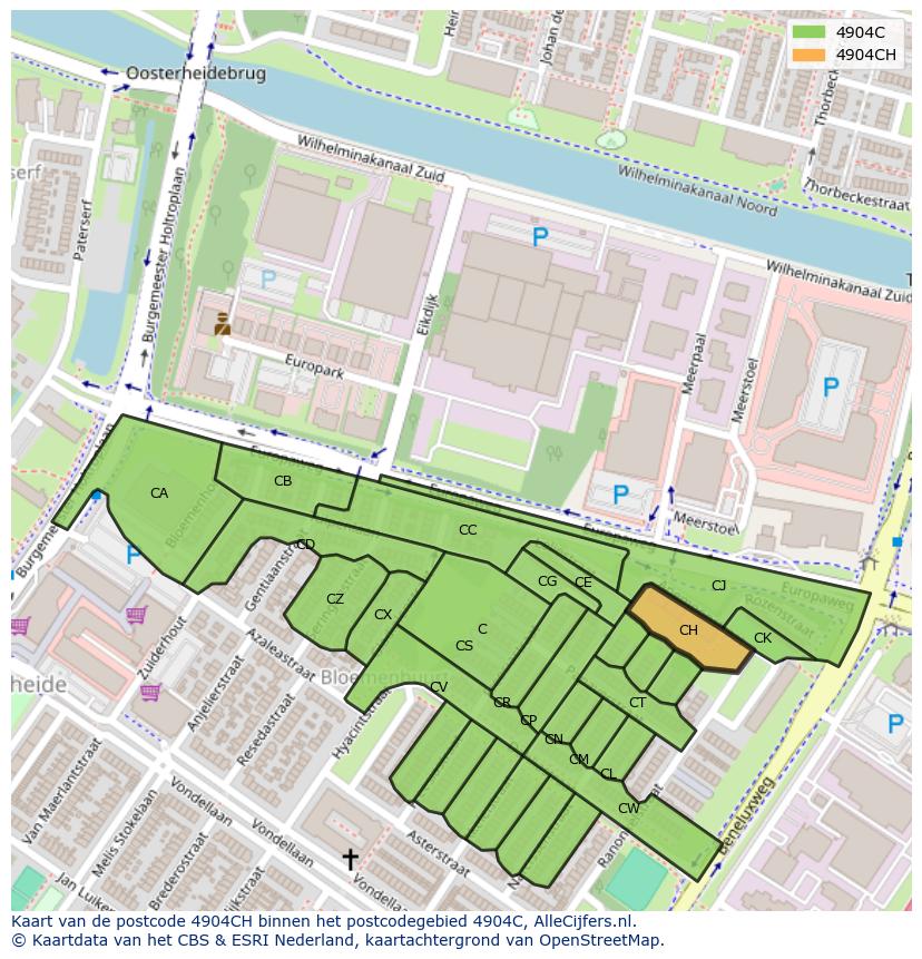 Afbeelding van het postcodegebied 4904 CH op de kaart.