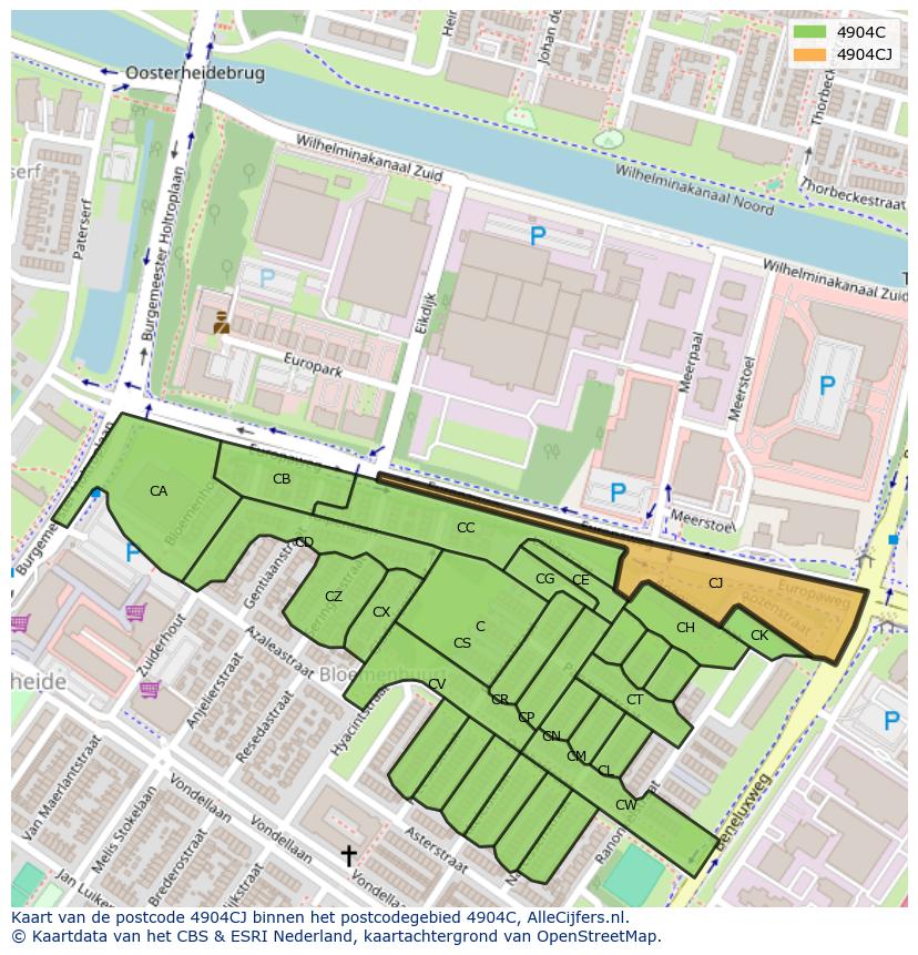 Afbeelding van het postcodegebied 4904 CJ op de kaart.