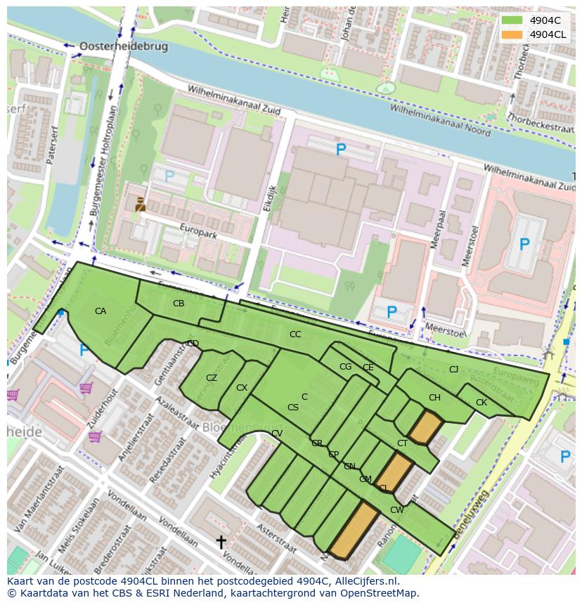 Afbeelding van het postcodegebied 4904 CL op de kaart.