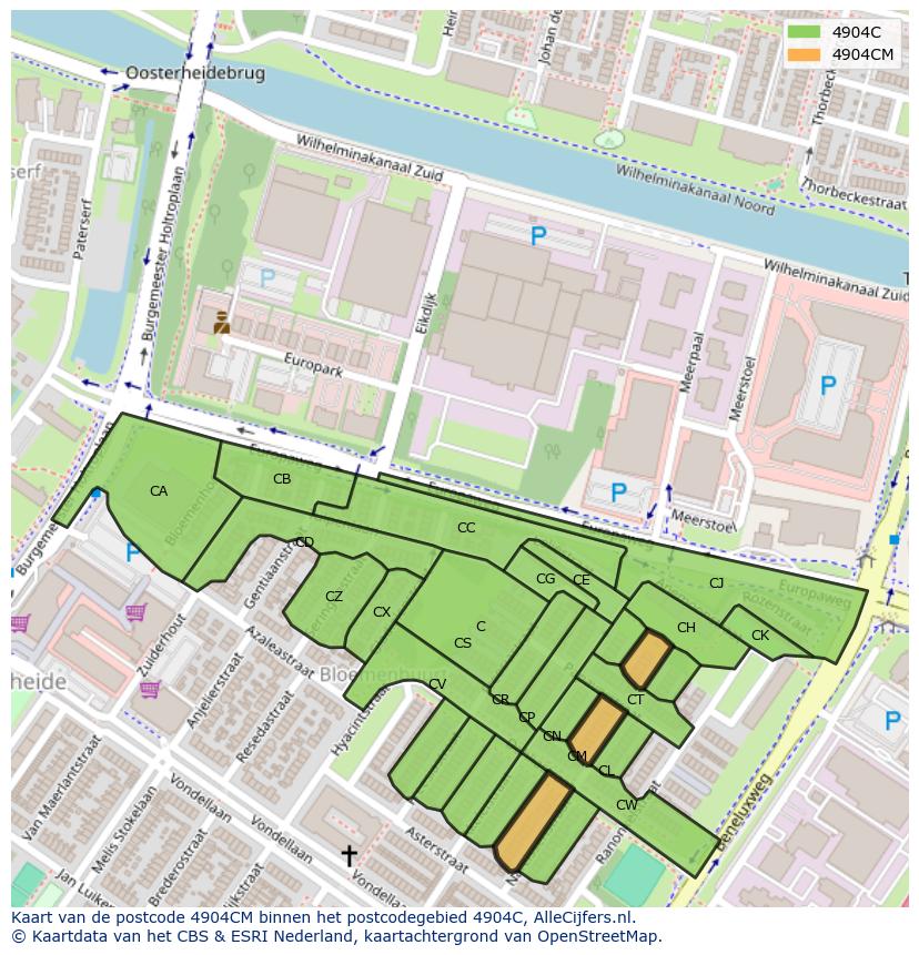 Afbeelding van het postcodegebied 4904 CM op de kaart.