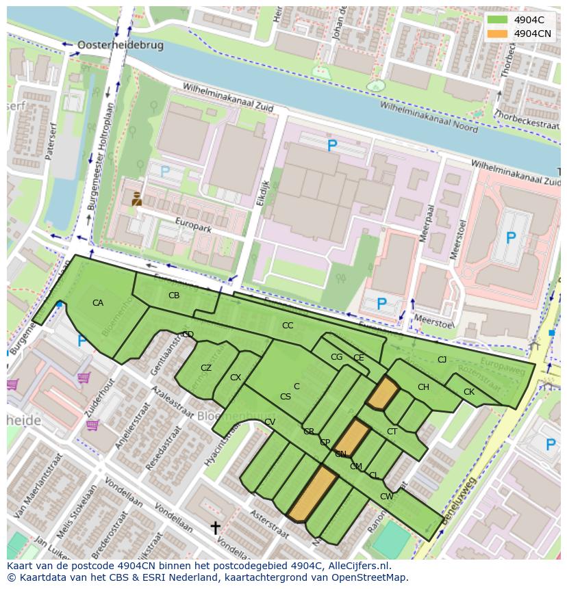 Afbeelding van het postcodegebied 4904 CN op de kaart.