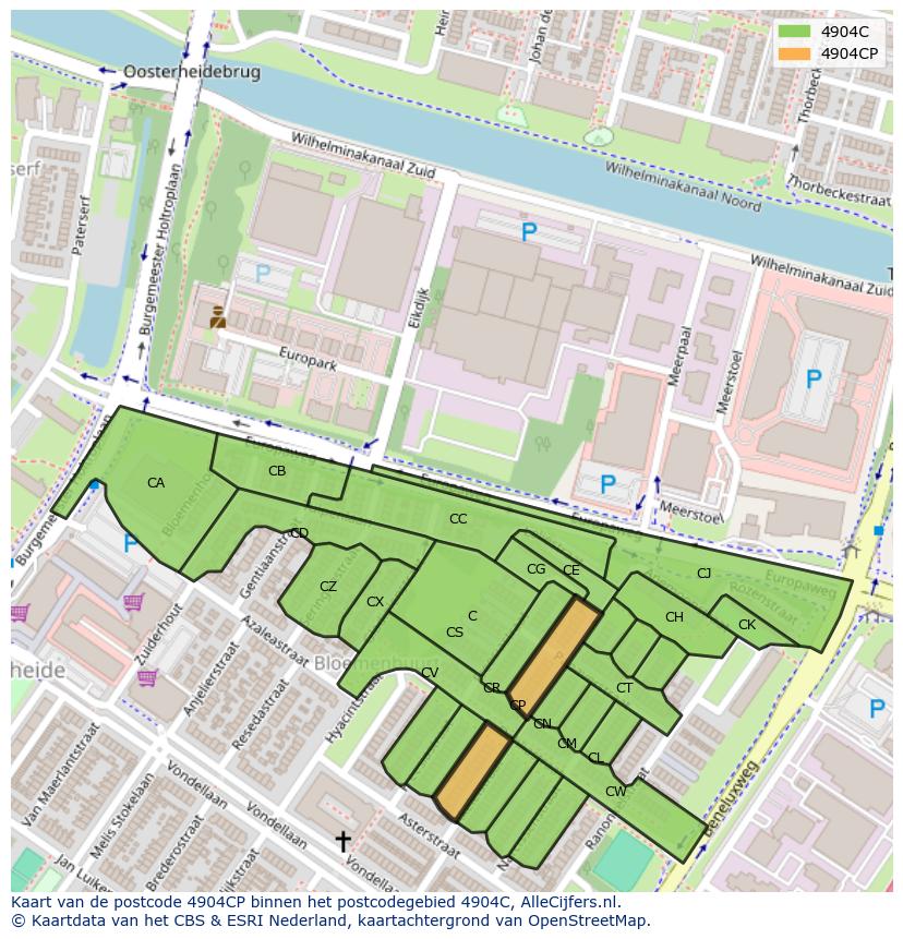 Afbeelding van het postcodegebied 4904 CP op de kaart.