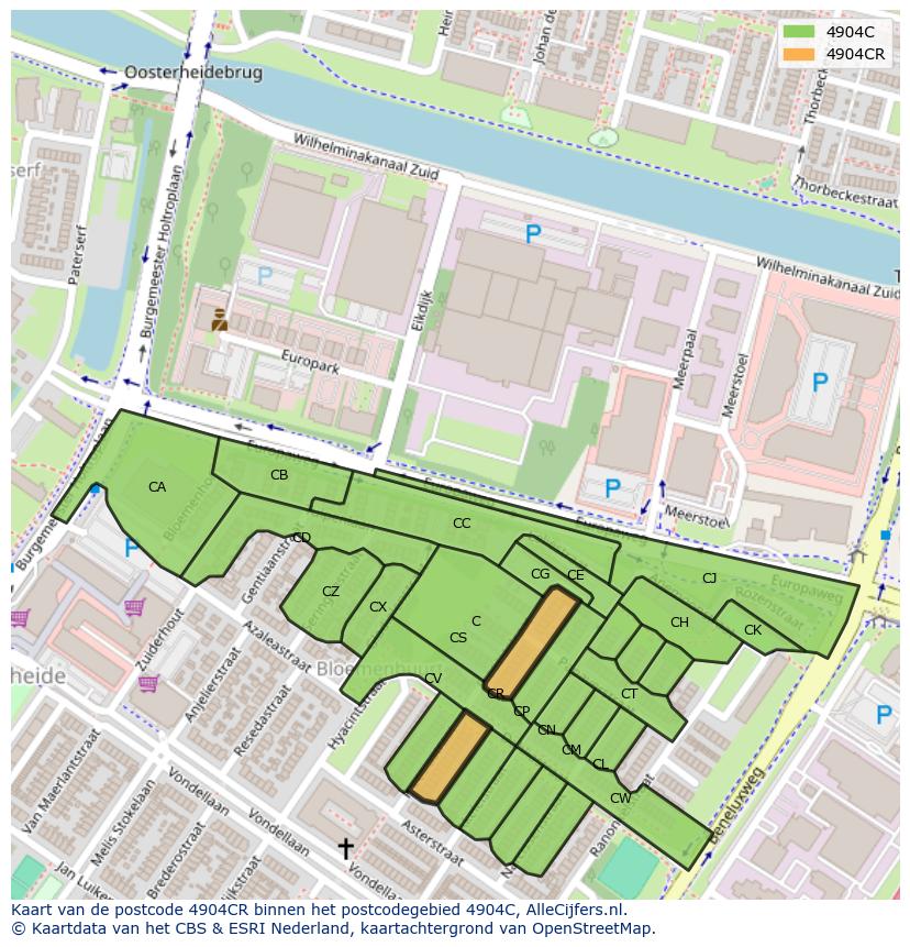 Afbeelding van het postcodegebied 4904 CR op de kaart.