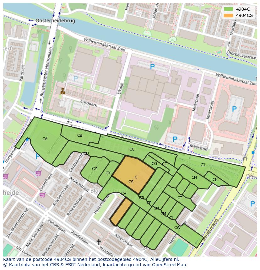 Afbeelding van het postcodegebied 4904 CS op de kaart.