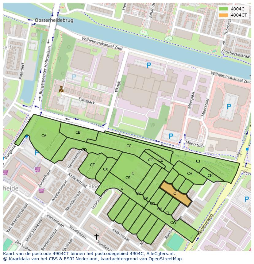 Afbeelding van het postcodegebied 4904 CT op de kaart.