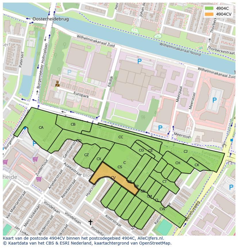 Afbeelding van het postcodegebied 4904 CV op de kaart.