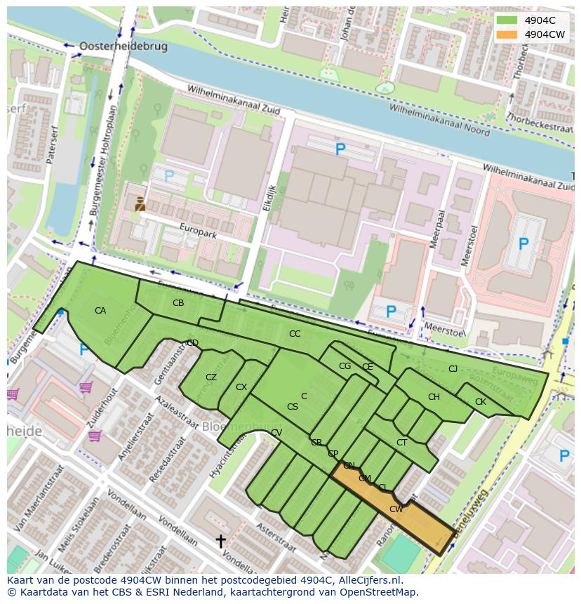 Afbeelding van het postcodegebied 4904 CW op de kaart.