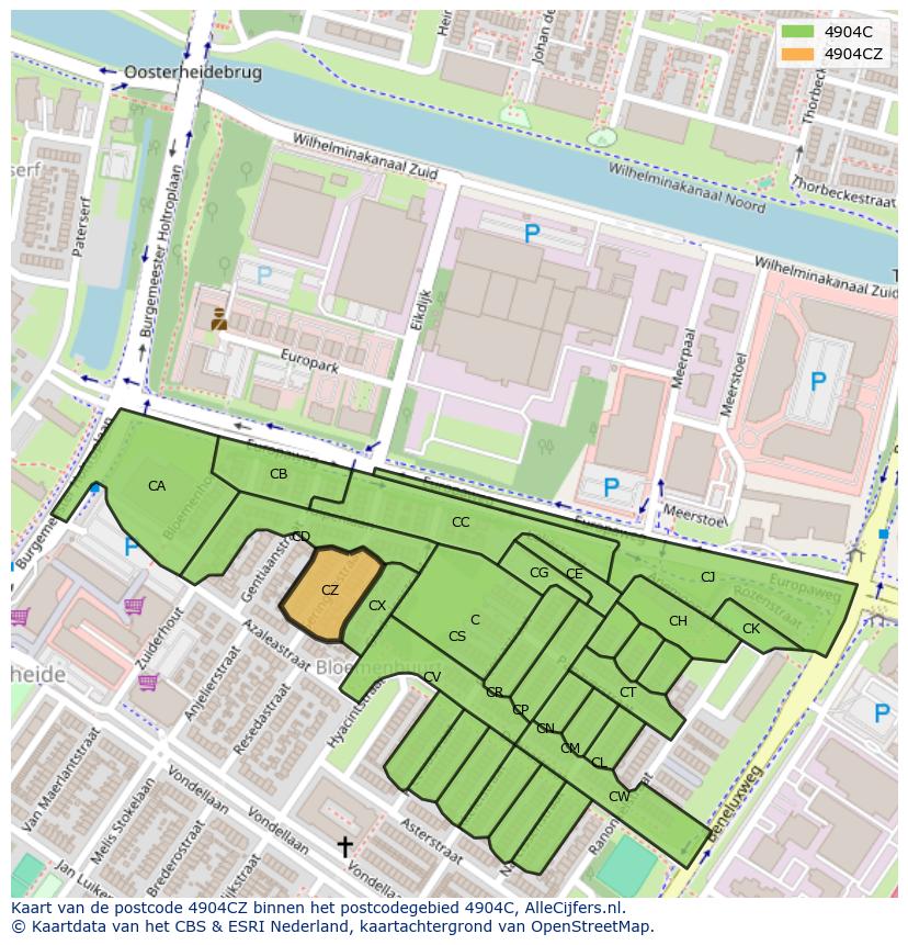 Afbeelding van het postcodegebied 4904 CZ op de kaart.