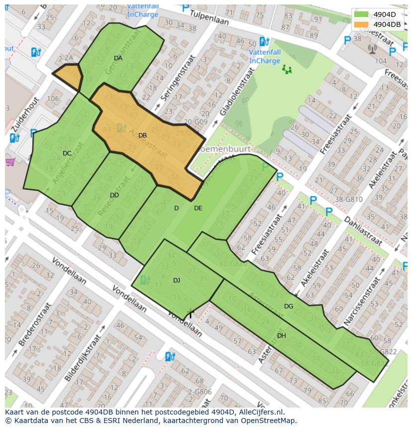 Afbeelding van het postcodegebied 4904 DB op de kaart.