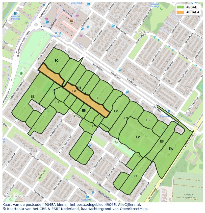 Afbeelding van het postcodegebied 4904 EA op de kaart.