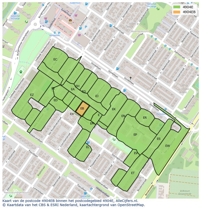 Afbeelding van het postcodegebied 4904 EB op de kaart.