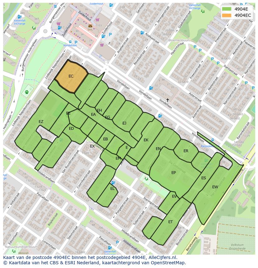 Afbeelding van het postcodegebied 4904 EC op de kaart.