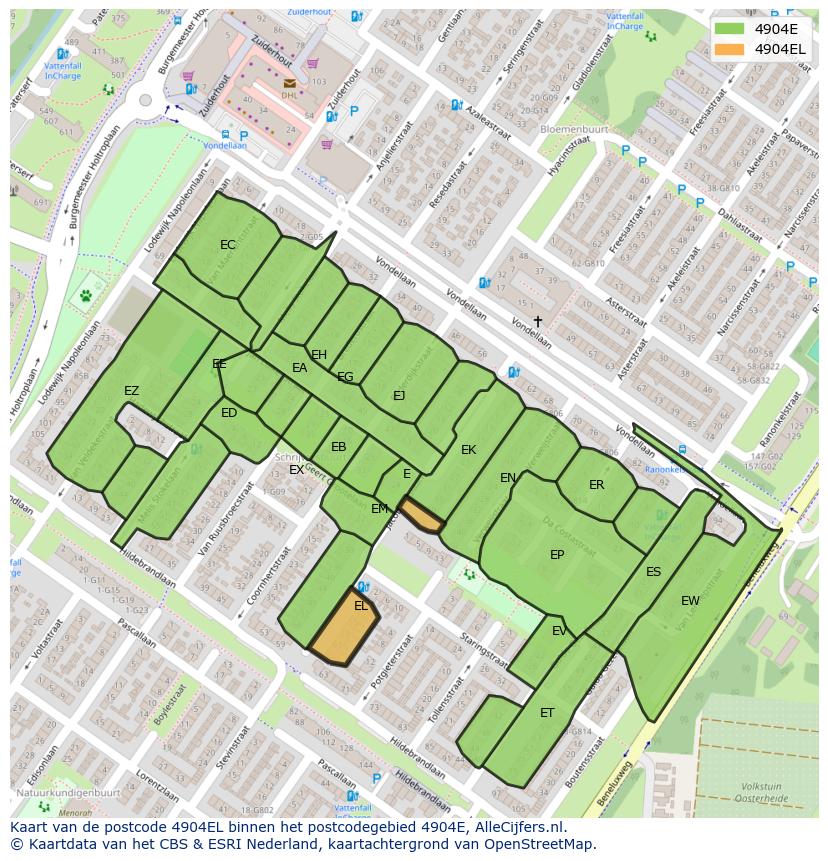 Afbeelding van het postcodegebied 4904 EL op de kaart.