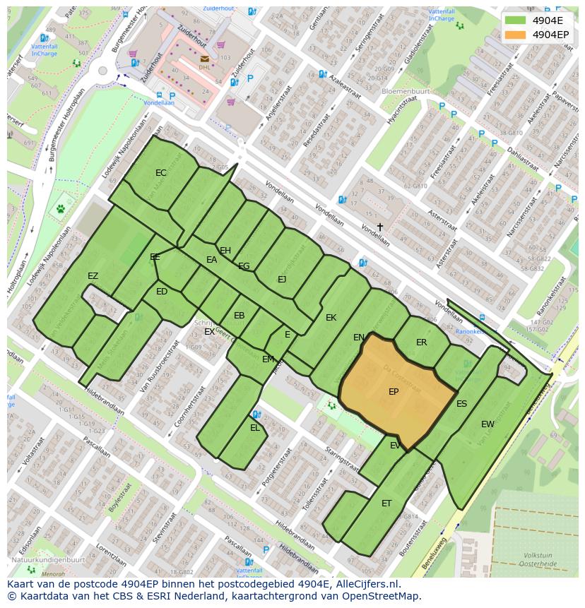 Afbeelding van het postcodegebied 4904 EP op de kaart.